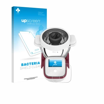 Parte frontal de un envase de producto con el logotipo de la marca upscreen. Al lado se muestra el dispositivo Moulinex i-Comp