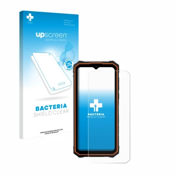 Parte frontal de un envase de producto con el logotipo de la marca upscreen. Al lado se muestra el dispositivo Hotwav Cyber 13