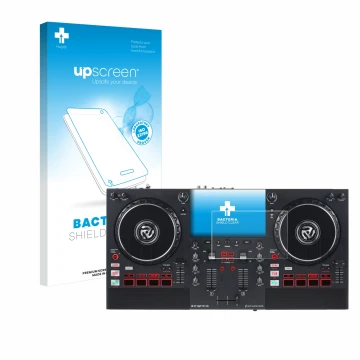 Parte frontal de un envase de producto con el logotipo de la marca upscreen. Al lado se muestra el dispositivo Numark Mixstrea