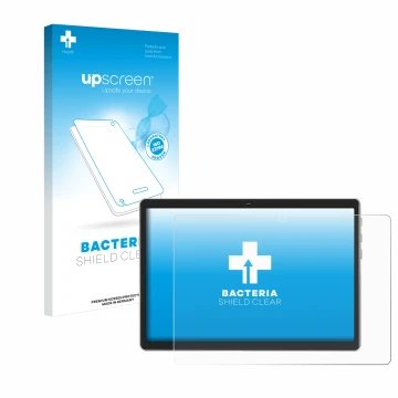Parte frontal de un envase de producto con el logotipo de la marca upscreen. Al lado se muestra el dispositivo Facetel Q6 con 