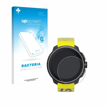 Parte frontal de un envase de producto con el logotipo de la marca upscreen. Al lado se muestra el dispositivo Suunto Race con