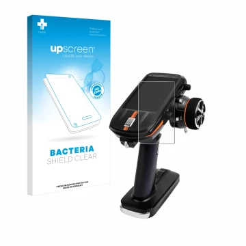 Parte frontal de un envase de producto con el logotipo de la marca upscreen. Al lado se muestra el dispositivo RadioLink RC8X 