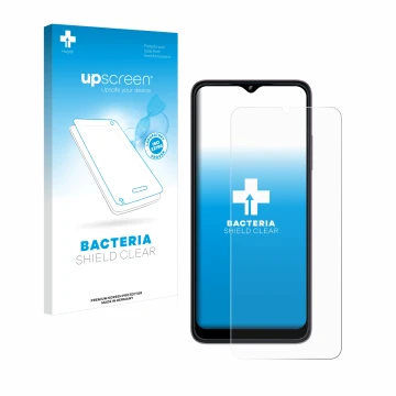 Parte frontal de un envase de producto con el logotipo de la marca upscreen. Al lado se muestra el dispositivo Telekom T Phone