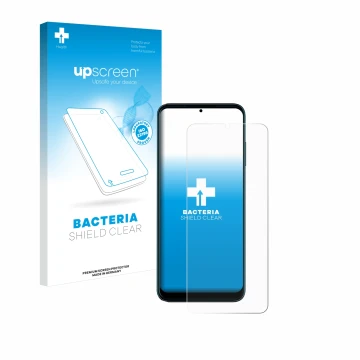Parte frontal de un envase de producto con el logotipo de la marca upscreen. Al lado se muestra el dispositivo Telekom T Phone