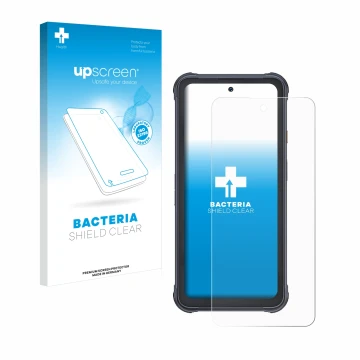 Parte frontal de un envase de producto con el logotipo de la marca upscreen. Al lado se muestra el dispositivo Cubot King Kong
