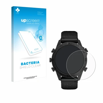 Parte frontal de un envase de producto con el logotipo de la marca upscreen. Al lado se muestra el dispositivo Garmin Marq Com