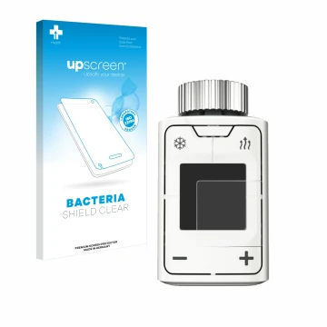 Parte frontal de un envase de producto con el logotipo de la marca upscreen. Al lado se muestra el dispositivo AVM FRITZ!DECT 