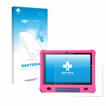 Parte frontal de un envase de producto con el logotipo de la marca upscreen. Al lado se muestra el dispositivo Pritom B10 Kids