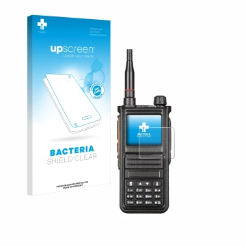 Parte frontal de un envase de producto con el logotipo de la marca upscreen. Al lado se muestra el dispositivo Radtel RT-470X 