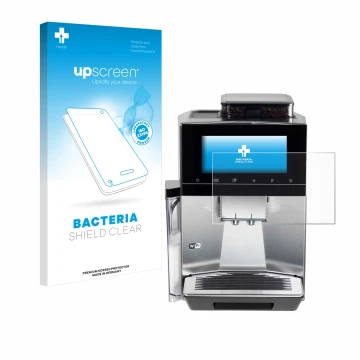 Parte frontal de un envase de producto con el logotipo de la marca upscreen. Al lado se muestra el dispositivo Siemens EQ900 T