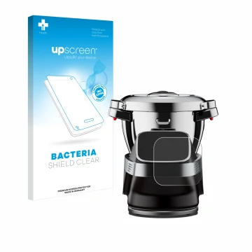 Parte frontal de un envase de producto con el logotipo de la marca upscreen. Al lado se muestra el dispositivo WMF Avantgarde 