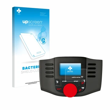 Parte frontal de un envase de producto con el logotipo de la marca upscreen. Al lado se muestra el dispositivo Märklin Mobile 