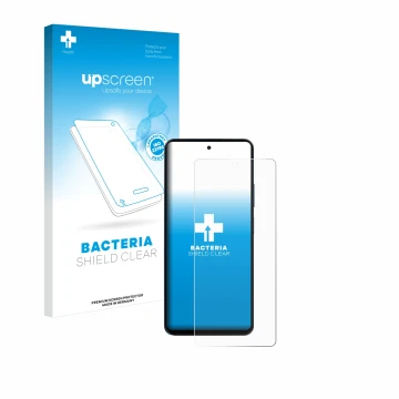 Parte frontal de un envase de producto con el logotipo de la marca upscreen. Al lado se muestra el dispositivo Blackview Shark