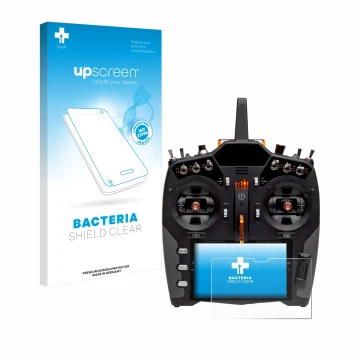 Parte frontal de un envase de producto con el logotipo de la marca upscreen. Al lado se muestra el dispositivo Spektrum NX20 c