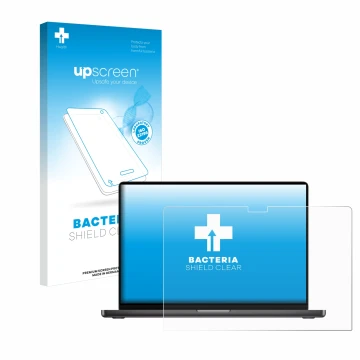 Parte frontal de un envase de producto con el logotipo de la marca upscreen. Al lado se muestra el dispositivo Apple MacBook P