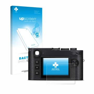 Parte frontal de un envase de producto con el logotipo de la marca upscreen. Al lado se muestra el dispositivo Leica M11-P con