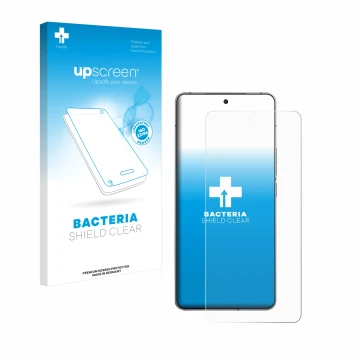Parte frontal de un envase de producto con el logotipo de la marca upscreen. Al lado se muestra el dispositivo Vivo iQOO 12 co