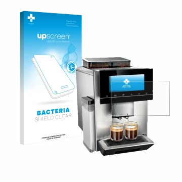 Parte frontal de un envase de producto con el logotipo de la marca upscreen. Al lado se muestra el dispositivo Siemens EQ900 T