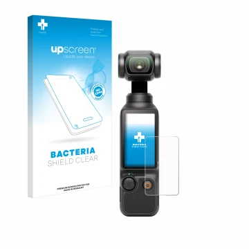 Parte frontal de un envase de producto con el logotipo de la marca upscreen. Al lado se muestra el dispositivo DJI Osmo Pocket