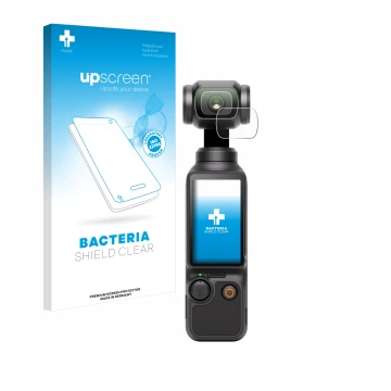Parte frontal de un envase de producto con el logotipo de la marca upscreen. Al lado se muestra el dispositivo DJI Osmo Pocket