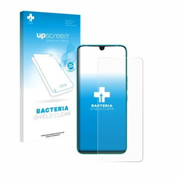 Parte frontal de un envase de producto con el logotipo de la marca upscreen. Al lado se muestra el dispositivo Tecno Spark 7 c