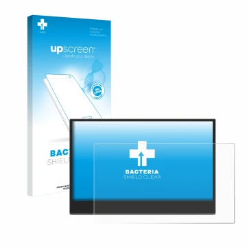 Parte frontal de un envase de producto con el logotipo de la marca upscreen. Al lado se muestra el dispositivo Lenovo L15 (15,