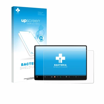 Parte frontal de un envase de producto con el logotipo de la marca upscreen. Al lado se muestra el dispositivo Tesla Model 3 2