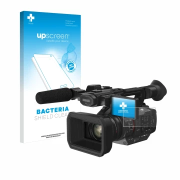 Parte frontal de un envase de producto con el logotipo de la marca upscreen. Al lado se muestra el dispositivo Panasonic HC-X2