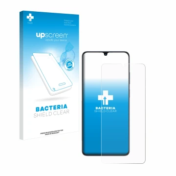 Parte frontal de un envase de producto con el logotipo de la marca upscreen. Al lado se muestra el dispositivo ZTE Blade V50 V