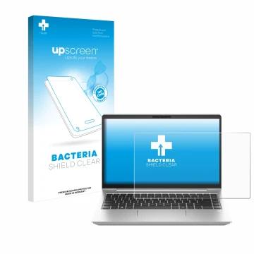 Parte frontal de un envase de producto con el logotipo de la marca upscreen. Al lado se muestra el dispositivo HP ProBook 445 
