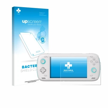 Parte frontal de un envase de producto con el logotipo de la marca upscreen. Al lado se muestra el dispositivo AYN Odin 2 con 