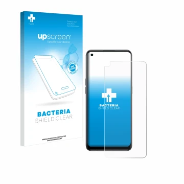Parte frontal de un envase de producto con el logotipo de la marca upscreen. Al lado se muestra el dispositivo Oppo Reno 8T co