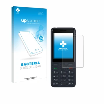 Parte frontal de un envase de producto con el logotipo de la marca upscreen. Al lado se muestra el dispositivo TCL Onetouch 40