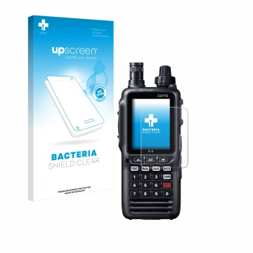 Parte frontal de un envase de producto con el logotipo de la marca upscreen. Al lado se muestra el dispositivo Yaesu FTA-850L 