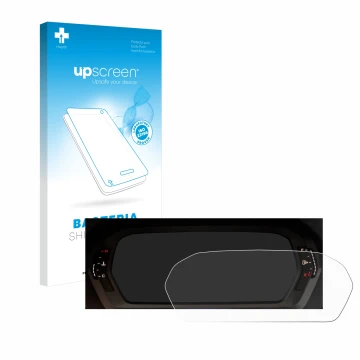 Parte frontal de un envase de producto con el logotipo de la marca upscreen. Al lado se muestra el dispositivo Audi A3 2023 Vi