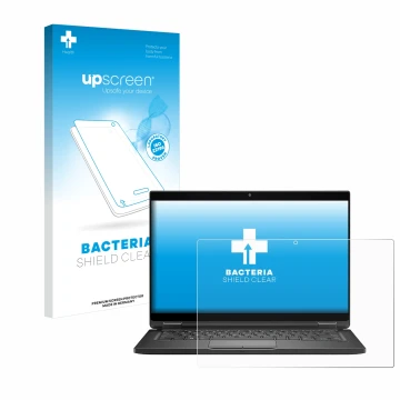 Parte frontal de un envase de producto con el logotipo de la marca upscreen. Al lado se muestra el dispositivo Dell Latitude 7