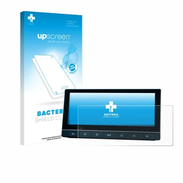Parte frontal de un envase de producto con el logotipo de la marca upscreen. Al lado se muestra el dispositivo MG 5 IPS-HD 10.
