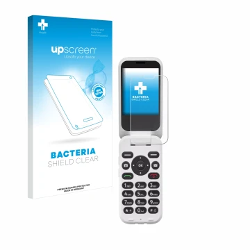 Parte frontal de un envase de producto con el logotipo de la marca upscreen. Al lado se muestra el dispositivo Doro 6820 con s