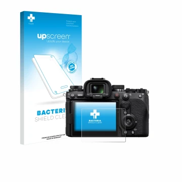 Parte frontal de un envase de producto con el logotipo de la marca upscreen. Al lado se muestra el dispositivo Sony Alpha 9 II