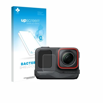 Parte frontal de un envase de producto con el logotipo de la marca upscreen. Al lado se muestra el dispositivo Insta360 Ace Pr