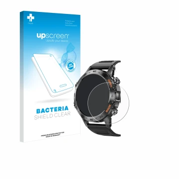 Parte frontal de un envase de producto con el logotipo de la marca upscreen. Al lado se muestra el dispositivo Lemfo Smartwatc