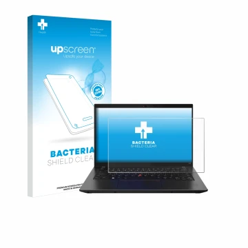 Parte frontal de un envase de producto con el logotipo de la marca upscreen. Al lado se muestra el dispositivo Lenovo ThinkPad