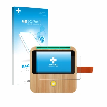 Parte frontal de un envase de producto con el logotipo de la marca upscreen. Al lado se muestra el dispositivo tigerbox Touch 