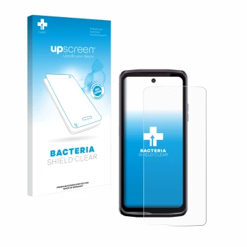 Parte frontal de un envase de producto con el logotipo de la marca upscreen. Al lado se muestra el dispositivo Crosscall Stell