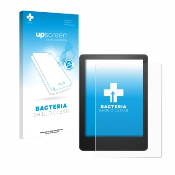 Parte frontal de un envase de producto con el logotipo de la marca upscreen. Al lado se muestra el dispositivo Amazon Kindle P