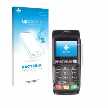 Parte frontal de un envase de producto con el logotipo de la marca upscreen. Al lado se muestra el dispositivo ingenico Desk/3