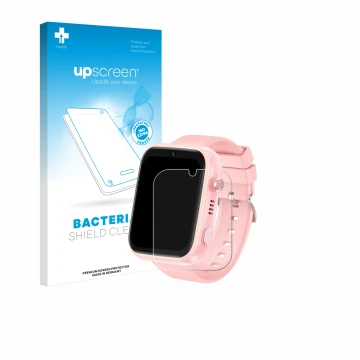 Parte frontal de un envase de producto con el logotipo de la marca upscreen. Al lado se muestra el dispositivo jianyana 4G Kid