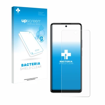 Parte frontal de un envase de producto con el logotipo de la marca upscreen. Al lado se muestra el dispositivo Infinix Hot 40 