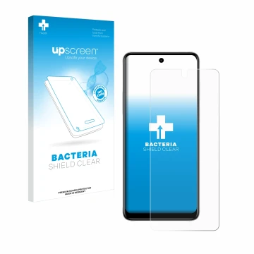 Parte frontal de un envase de producto con el logotipo de la marca upscreen. Al lado se muestra el dispositivo Motorola Moto E