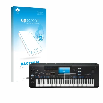 Parte frontal de un envase de producto con el logotipo de la marca upscreen. Al lado se muestra el dispositivo Yamaha Genos2 c
